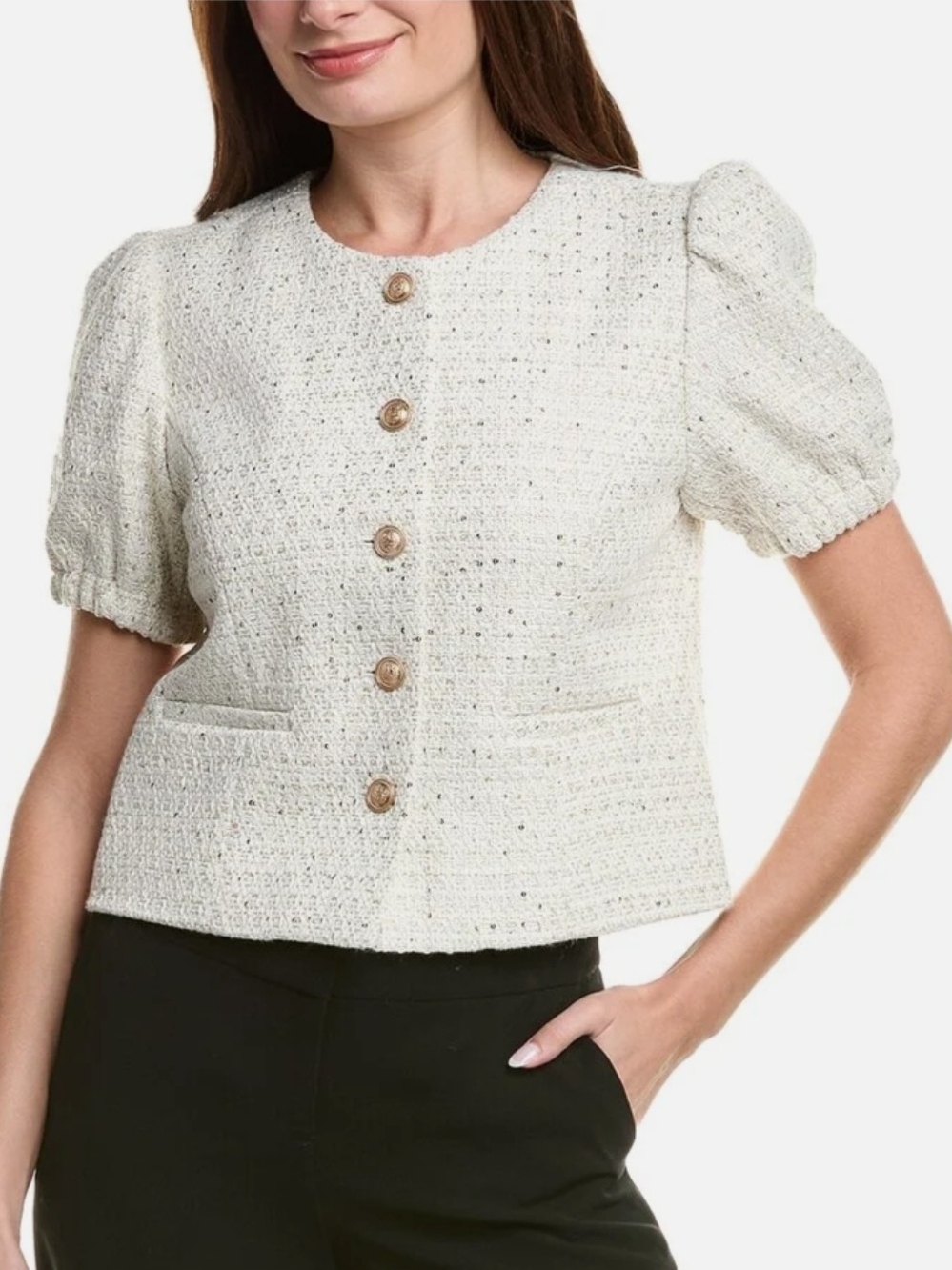 Cropped Puff-Sleeve Tweed Button-Front Top in Oatmeal